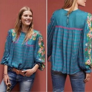 Anthropologie Blue and Pink Embellished 3/4 Sleeve Blouse